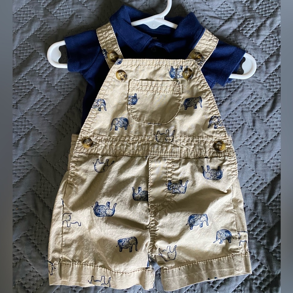 Carters (3M) khaki elephant overalls with navy blue polo shirt.